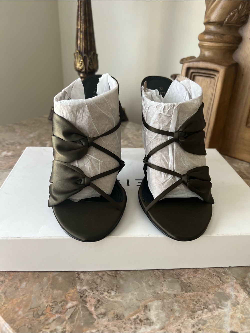Reiss Olive Satin Bow-Strap Heeled Slides - Picture 3 of 10